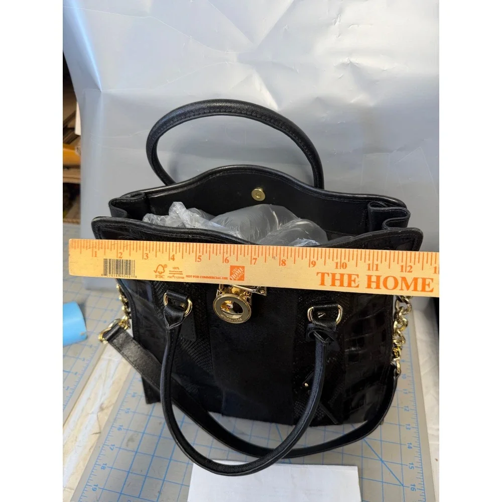Michael Kors Hamilton Black Mixed Media Calf Hair Croc Embossed Leather Tote Bag